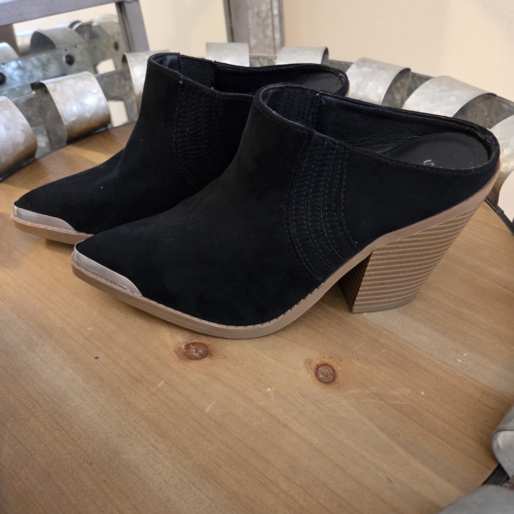 Sun + Stone Black Heeled Mules